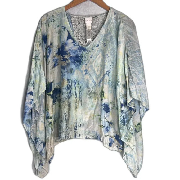 Chico's Blue Floral Silk Blend Lace Panel‎ Lightweight Poncho Blouse Size S/M - Picture 1 of 9